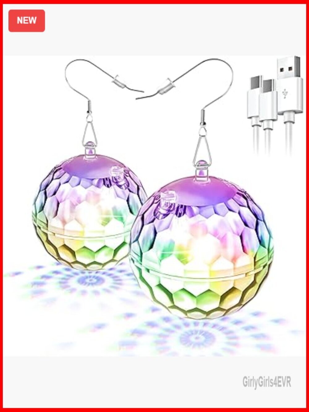 Rechargeable LED Drop Earrings, 1.5 Inch Disco Ball, 16 Light Modes